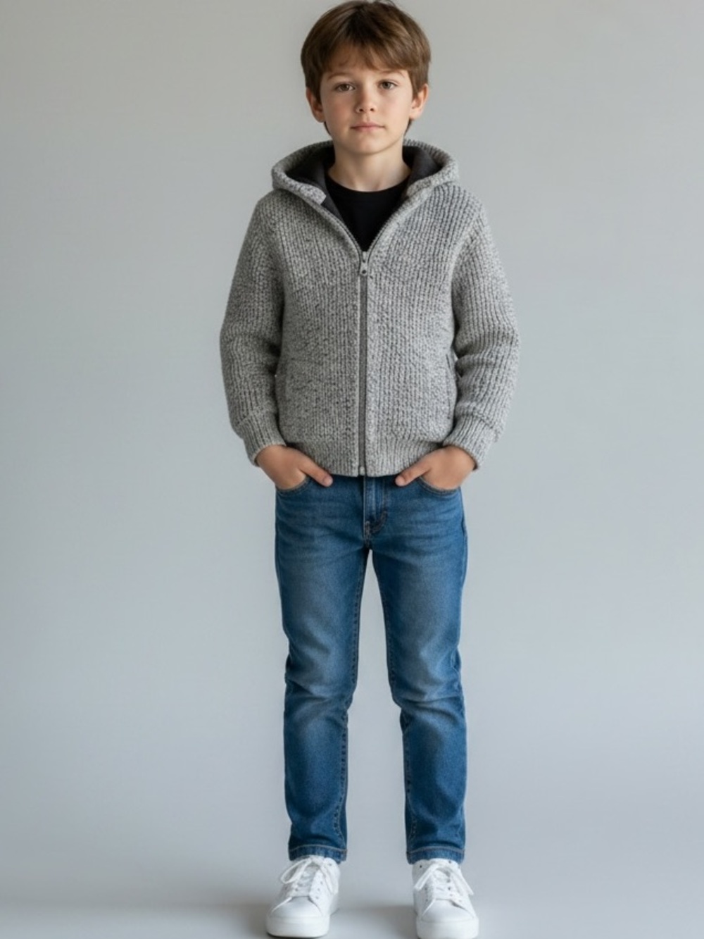 NEXT Knit Construction Grey Hooded Zip Knit Sweater W/contrasting inner lining